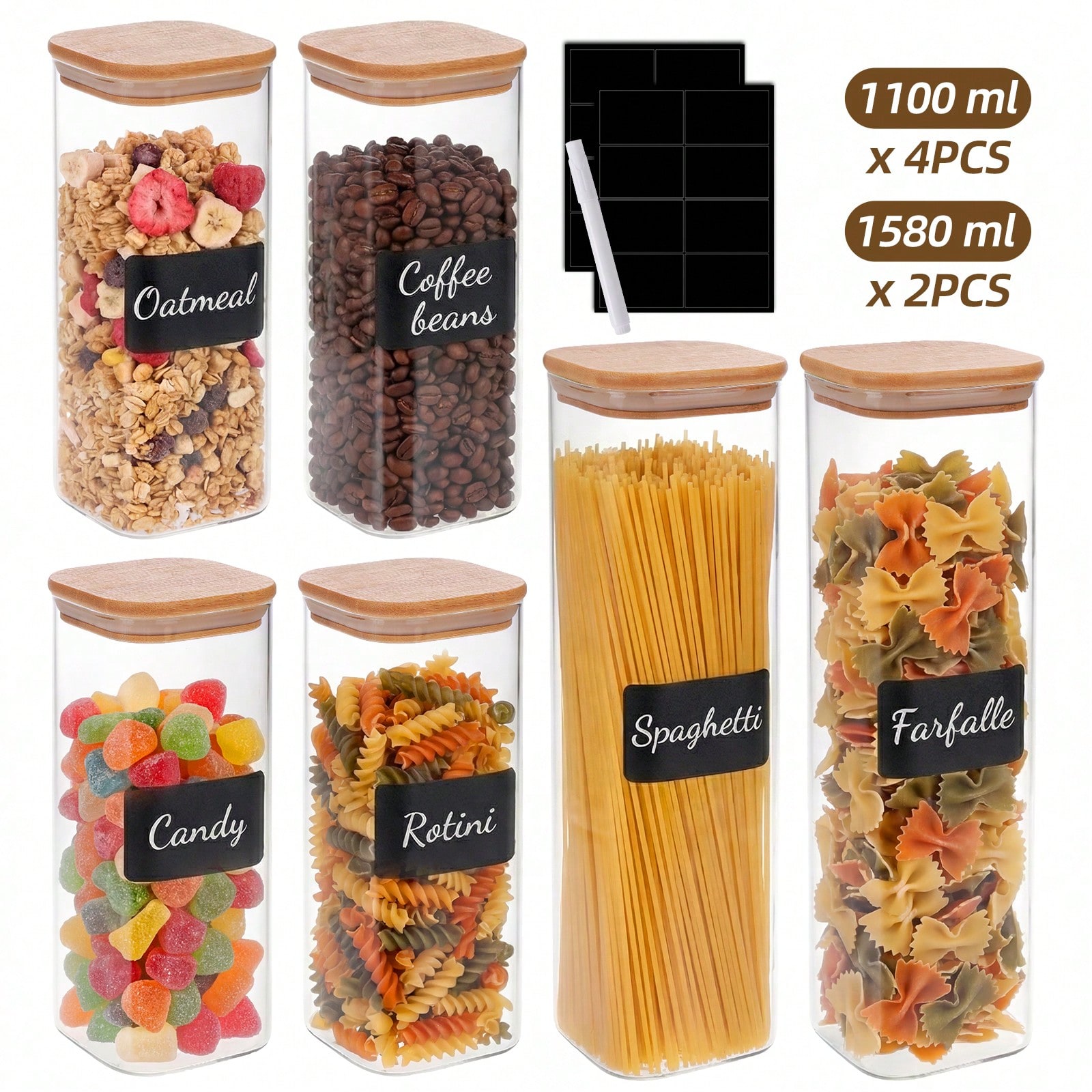 Food Snacks Label - 유리 밀폐용기 세트(대나무 뚜껑 포함) 12개,